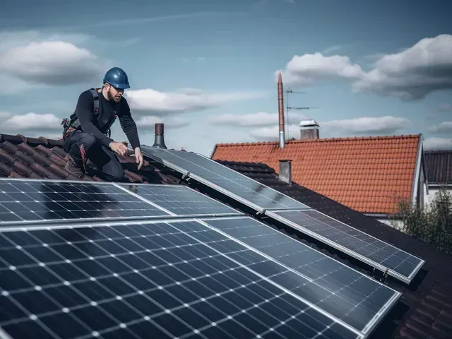 Un hombre está instalando paneles solares en el techo de una casa.