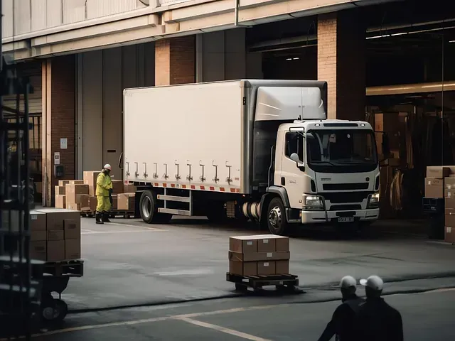 Un camión blanco está estacionado frente a un almacén lleno de cajas.