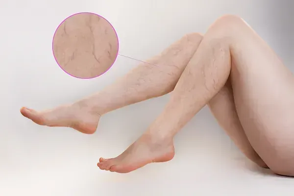 Un primer plano de las piernas de una mujer con venas varicosas.