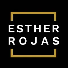 El logo de esther rojas esta sobre un fondo negro.