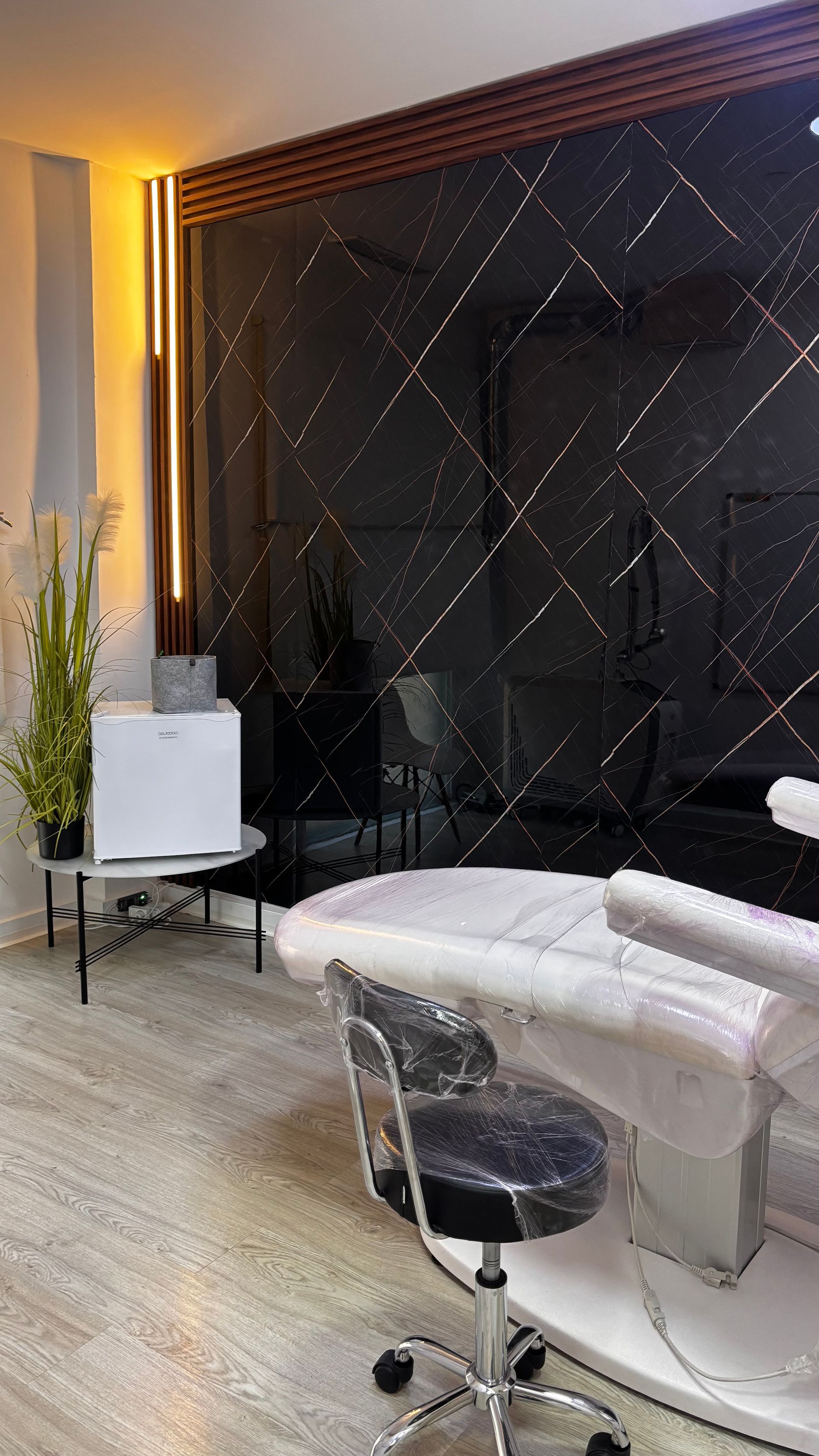 Interior del salón: cama médica blanca, pared con acento negro, piso de color claro y planta en maceta.