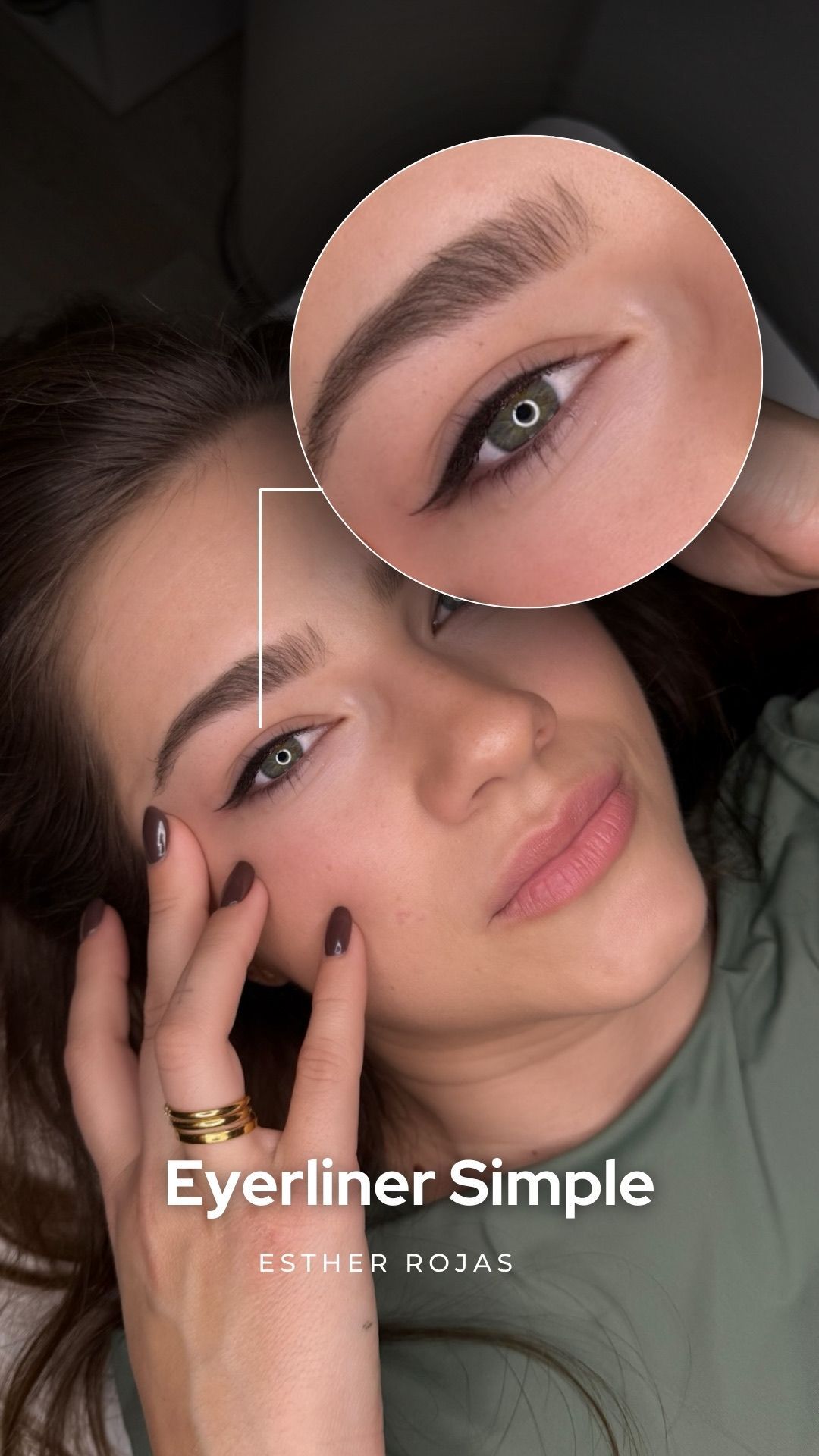 Mujer con delineador de ojos; primer plano del ojo en un círculo. Texto 