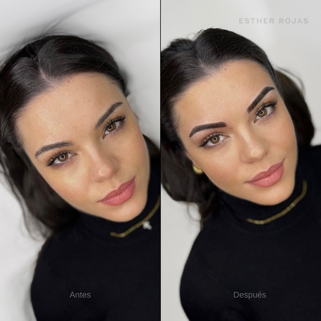 Comparación: antes y después del microblading de cejas; mujer con cabello oscuro y cejas nuevas y más pobladas.