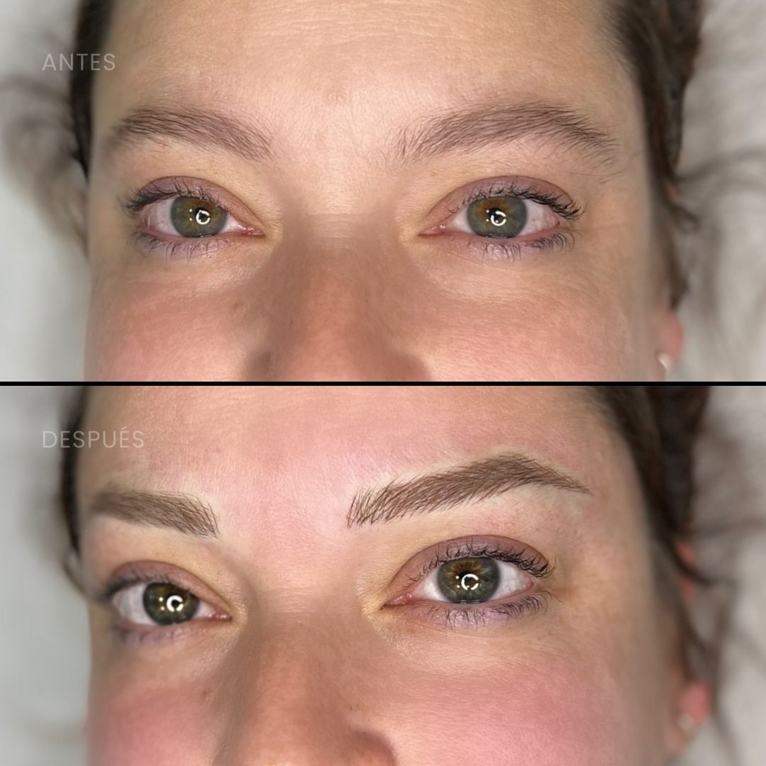 Antes y después del aumento de cejas: superiores con cejas dispersas, inferiores rellenas y con forma, realzando los ojos.