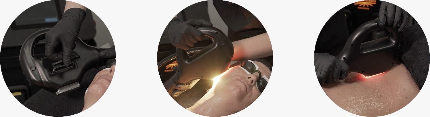 Una mujer que lleva una mascarilla y guantes se está haciendo un tatuaje en el ojo.