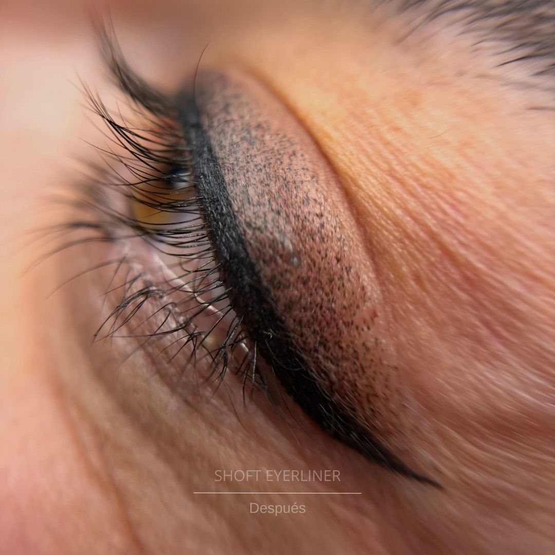 Primer plano de un ojo con delineador permanente; una línea fina y negra en el párpado superior.