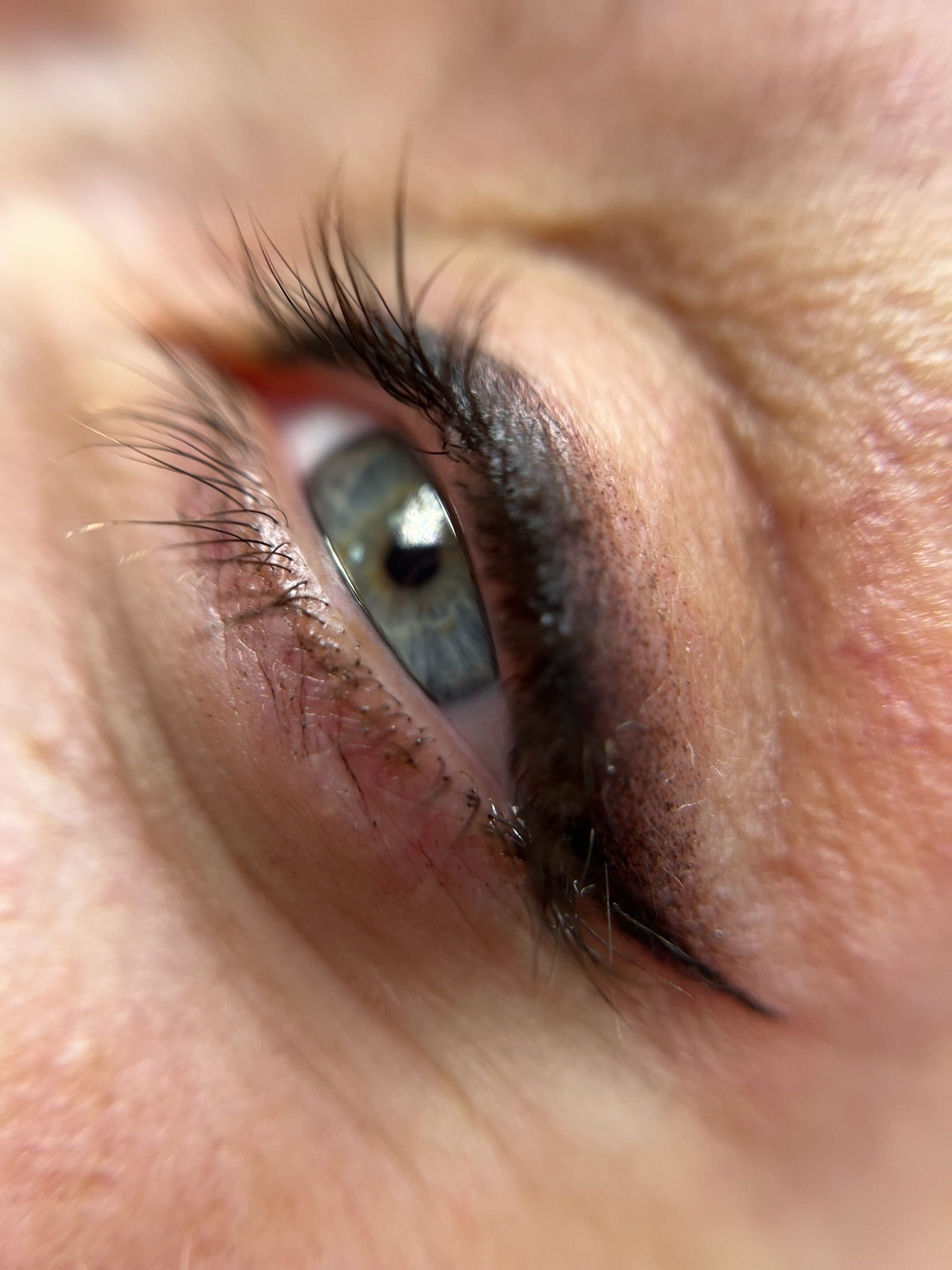 Primer plano del ojo de una persona con delineador y pestañas largas; iris azul verdoso, piel pálida.