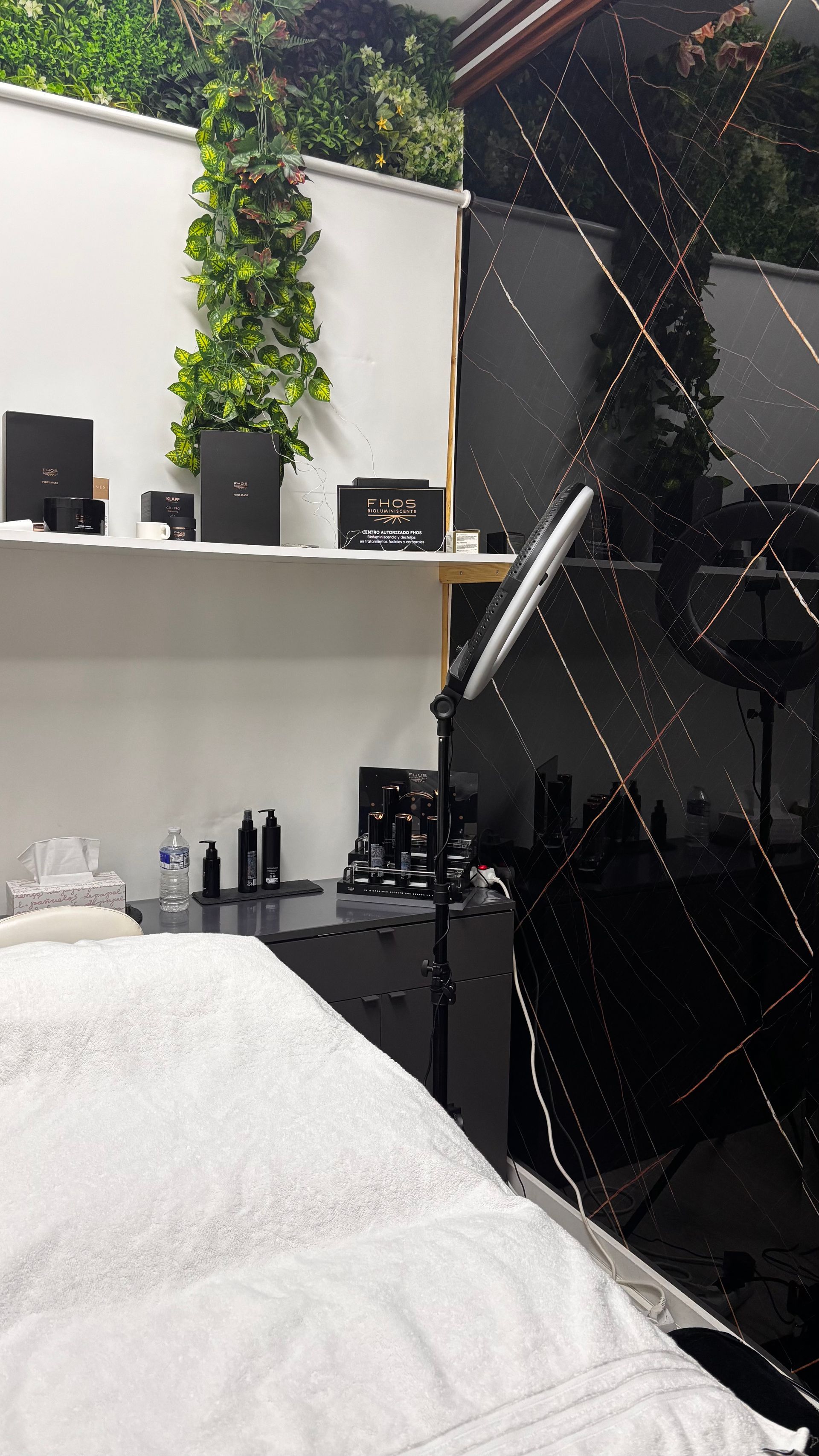 Un entorno de spa en blanco y negro con diversos productos y una pared verde que se refleja en una superficie brillante.