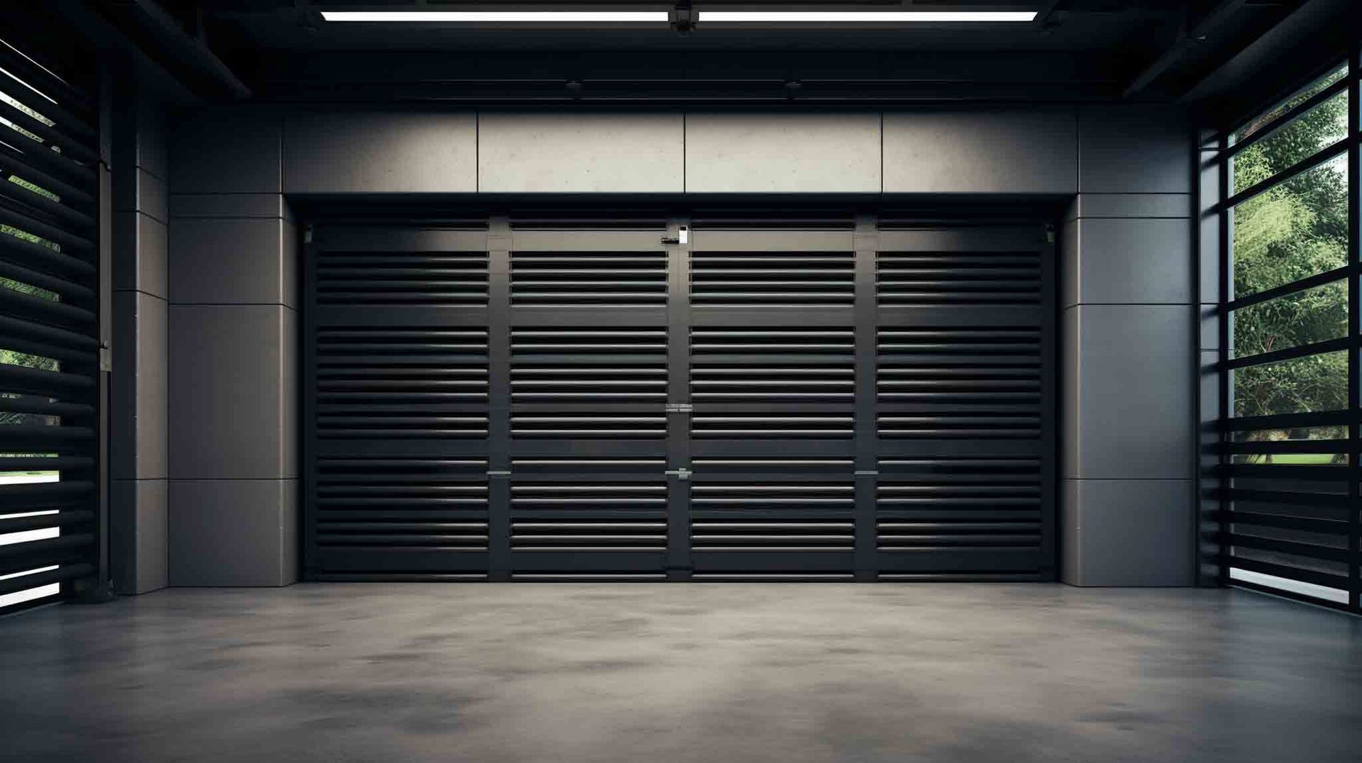Puerta de garaje gris oscuro, cerrada, en un espacio moderno de estilo industrial.