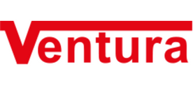 Un logotipo rojo y blanco para Ventura sobre un fondo blanco.