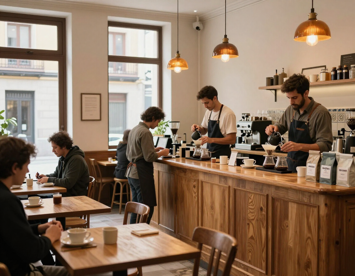 Acogedor interior de cafetería, con clientes en las mesas y baristas detrás de una barra de madera, bajo la cálida luz de lámparas colgantes