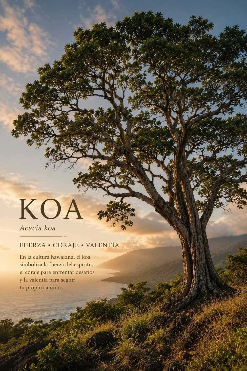 Texto KOA sobre un paisaje al atardecer, con un gran árbol en una colina cubierta de hierba junto al mar