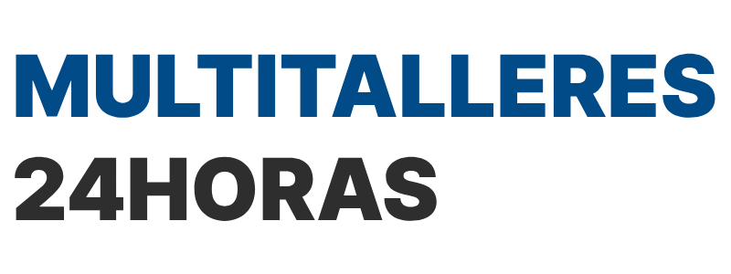 Texto azul y negro que dice “MULTITALLERES 24 HORAS” sobre un fondo blanco