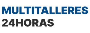 Texto azul y negro que dice &ldquo;MULTITALLERES 24 HORAS&rdquo; sobre un fondo blanco