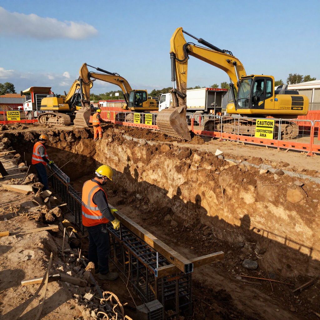 Des ouvriers du bâtiment et des excavatrices creusent une tranchée sur un chantier routier
