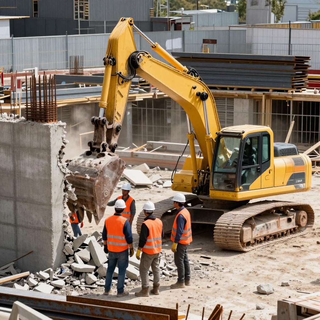 Une équipe de construction en gilets orange guide une pelleteuse jaune en train de démolir un mur en béton sur un chantier.