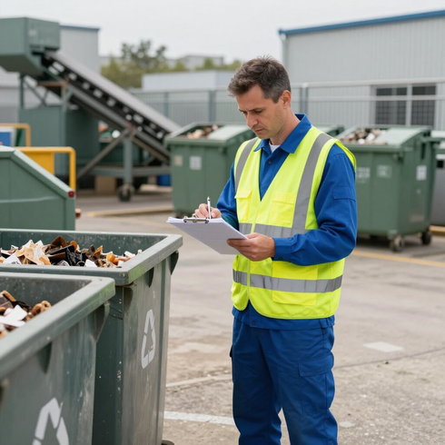 Un ouvrier portant un gilet haute visibilité prend des notes à côté de conteneurs de recyclage dans une installation industrielle.