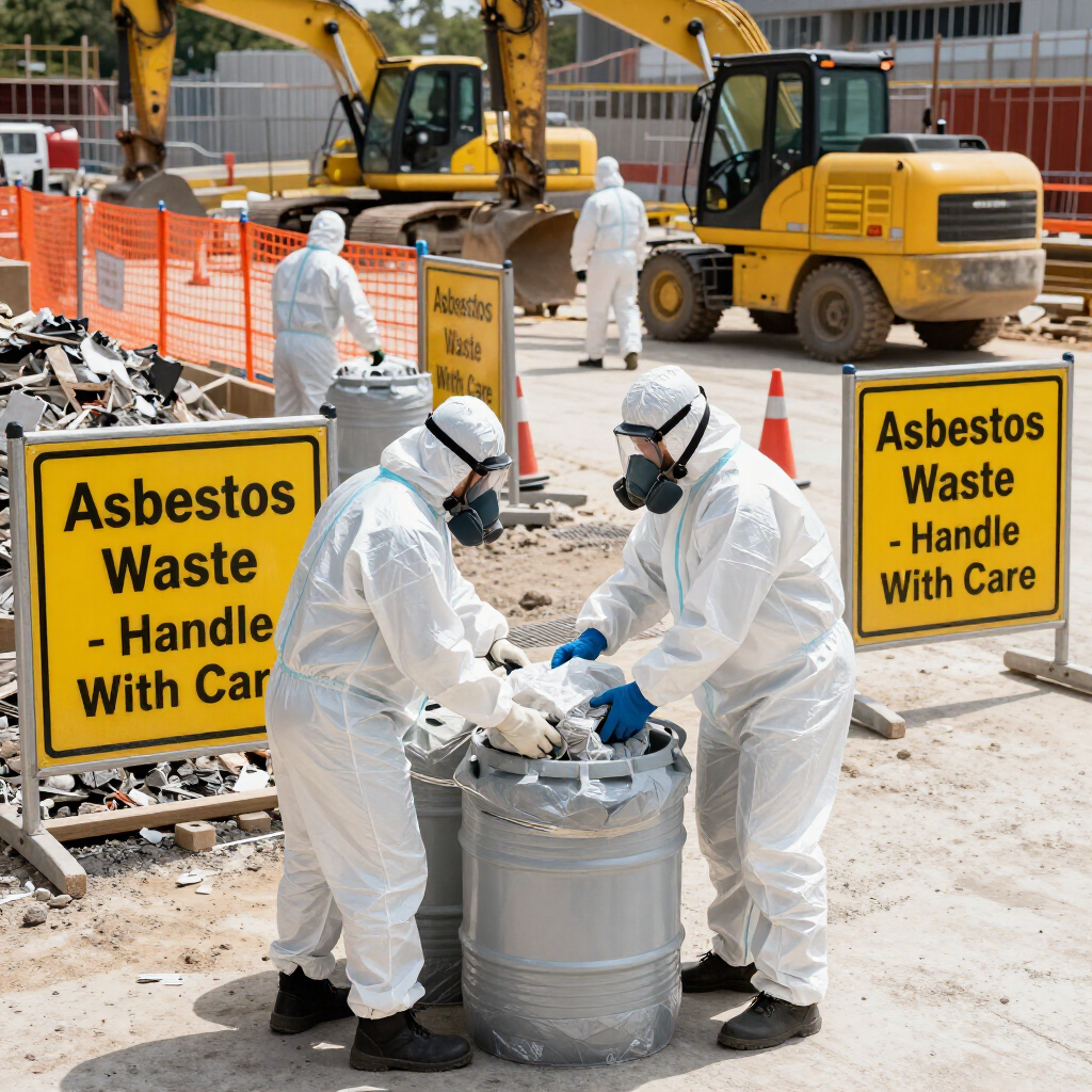 Des ouvriers en combinaisons de protection blanches manipulent des déchets d'amiante à côté de panneaux d'avertissement jaunes et d'équipements lourds.