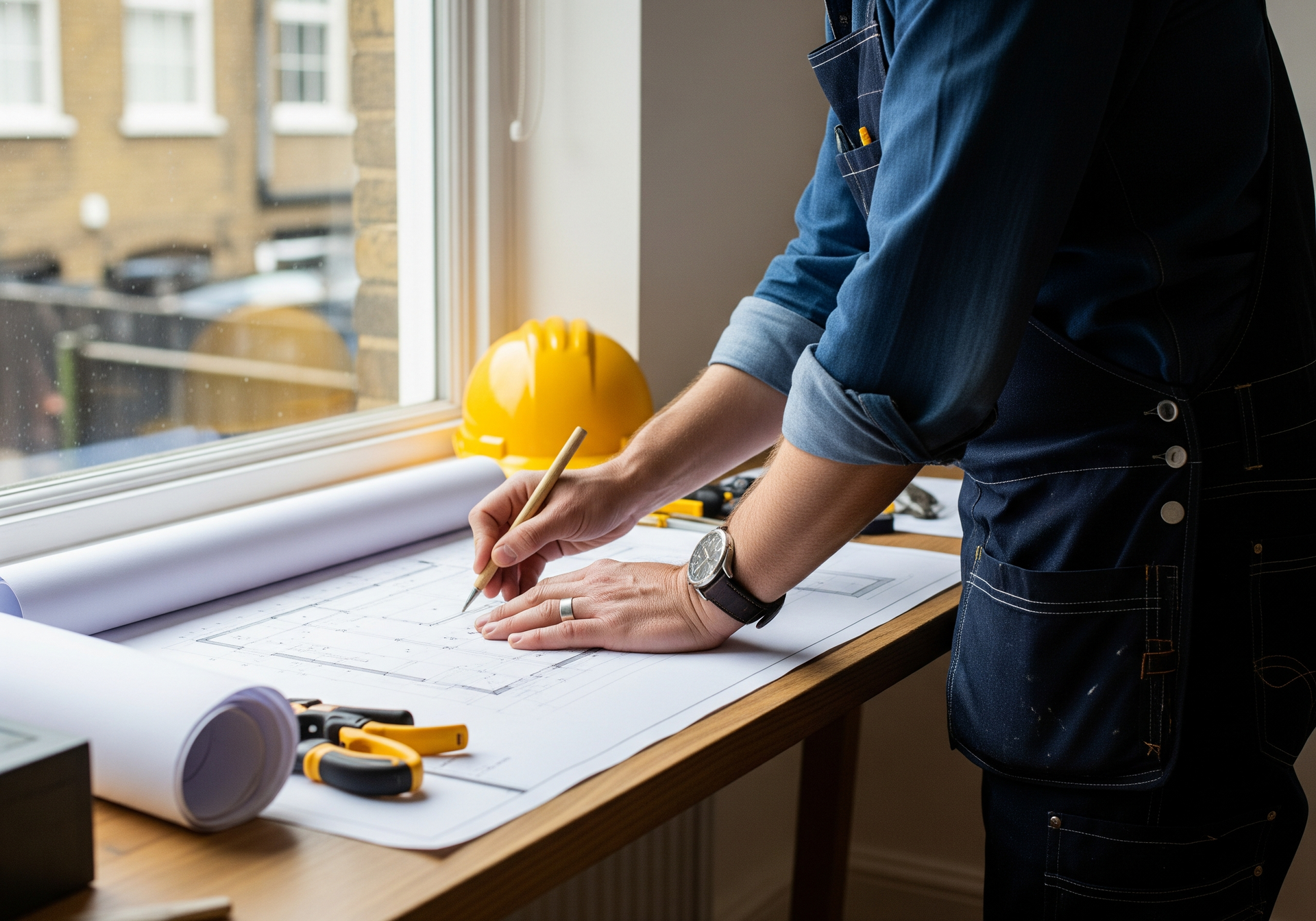 Une personne, portant un casque de chantier jaune et des outils à proximité, mesure un plan sur un bureau posé sur le rebord d'une fenêtre.