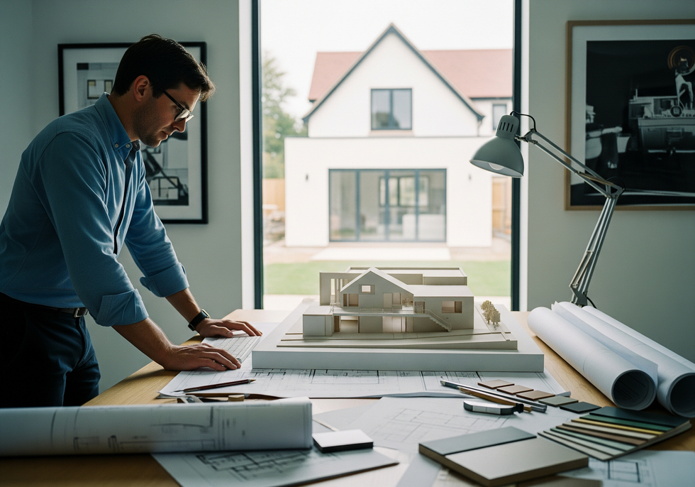 Un architecte examine les plans d'une maison à un bureau donnant sur une maison témoin et une grande fenêtre.