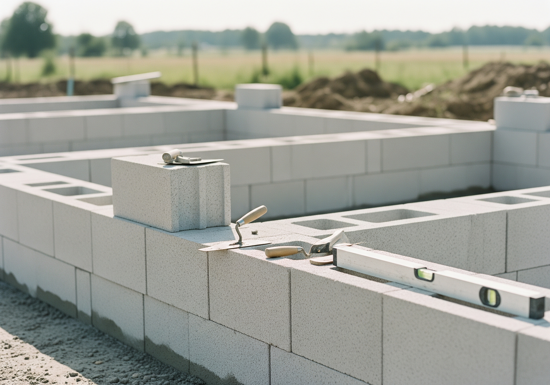 Fondation en parpaings partiellement construite avec un niveau à bulle posé dessus sur un chantier de construction