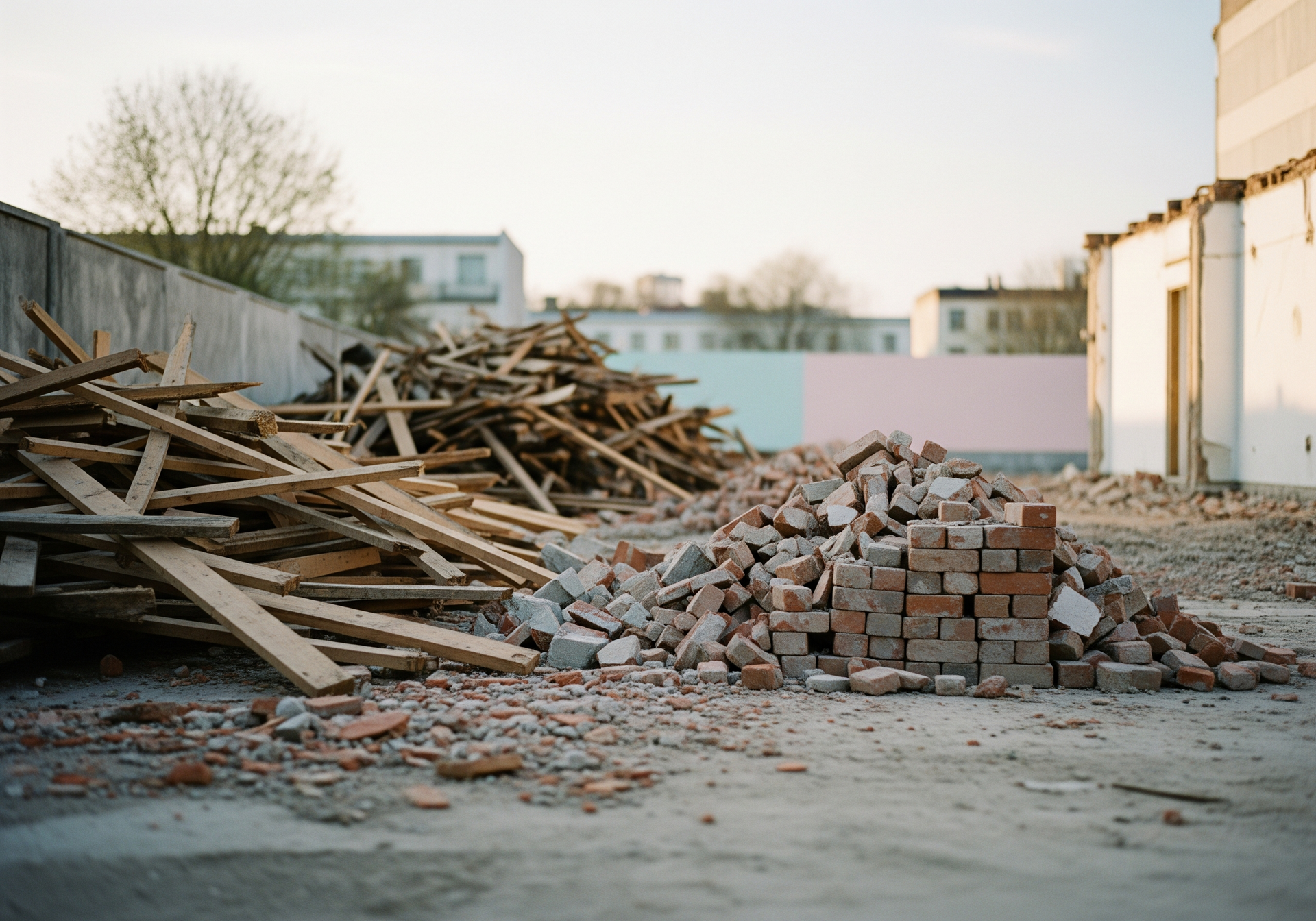 Débris de construction et briques empilées sur un chantier de démolition extérieur poussiéreux