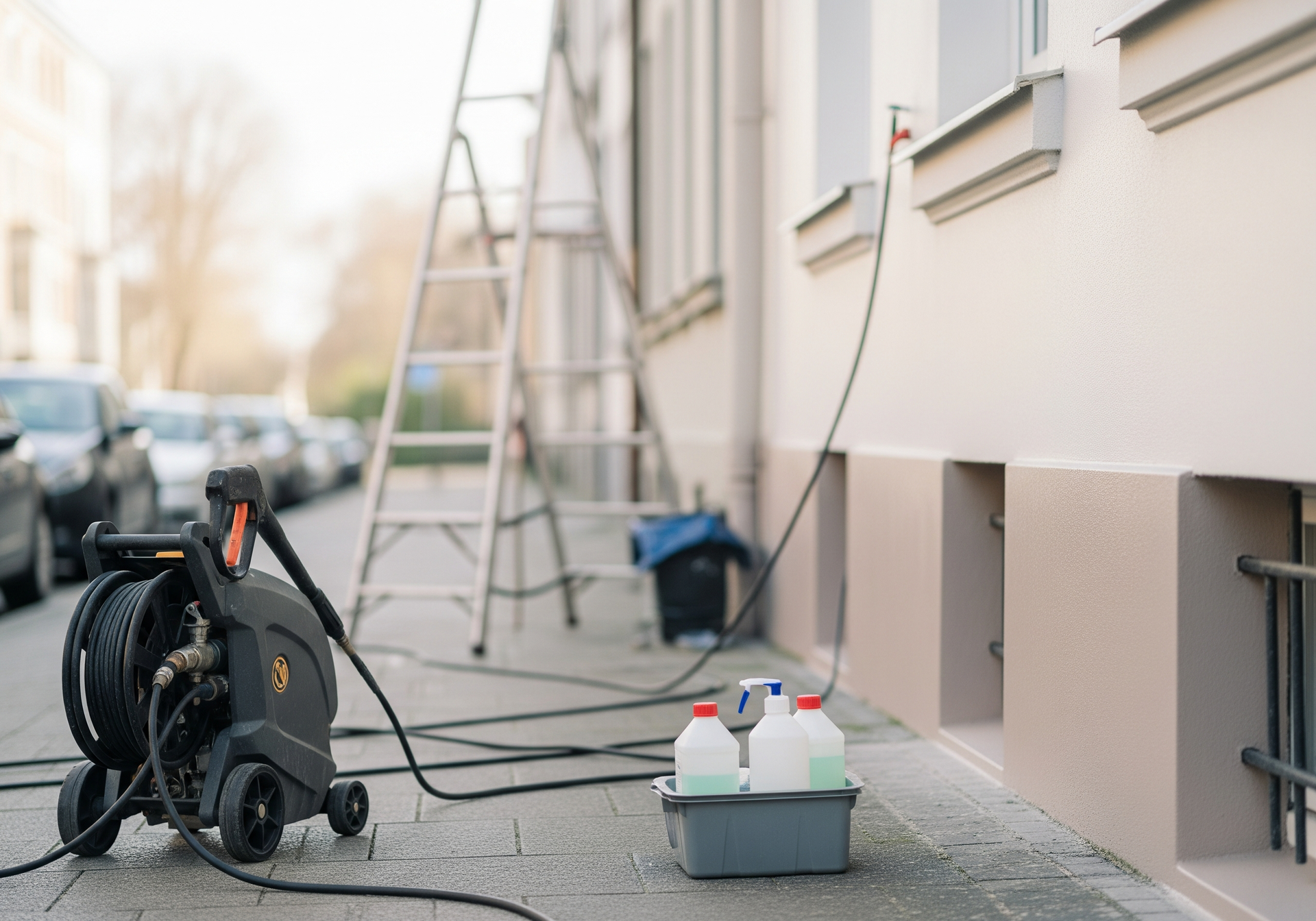 Nettoyeur haute pression et produits de nettoyage sur un trottoir à côté d'un bâtiment, avec une échelle en arrière-plan.