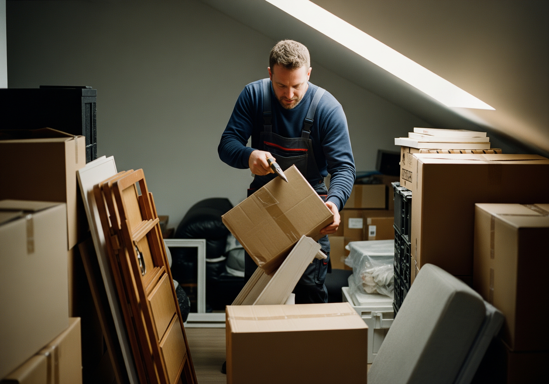 Un homme emballe des cartons dans un débarras encombré sous une lucarne inclinée.