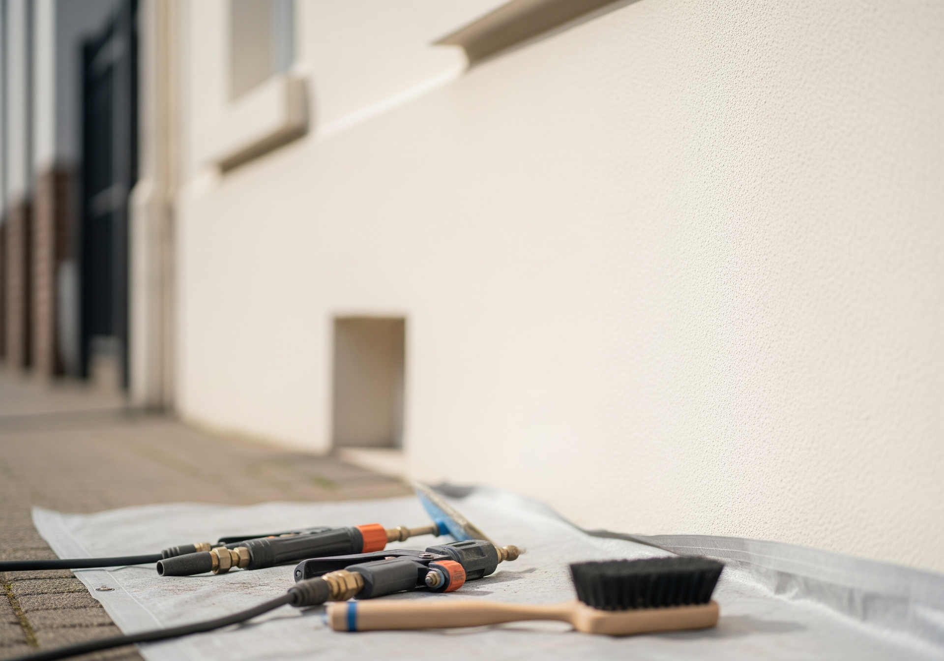 Pinceaux et outils sur une bâche à côté d'un mur, suggérant des travaux de peinture en cours.