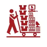 Figura de palo roja empujando un carrito cargado con cajas, archivos y una computadora.