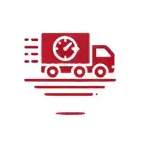 Camión de reparto rojo con reloj, que indica envío rápido.