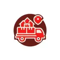 Camión de reparto rojo que transporta cajas, con un pin de ubicación encima, sobre un fondo marrón.