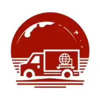 Logotipo rojo: camión de reparto con globo terráqueo en el remolque, contra un sol rojo estilizado.