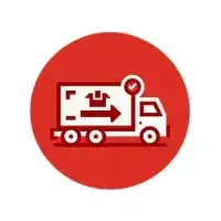 Icono de camión de reparto con una marca de verificación y fondo de círculo rojo.