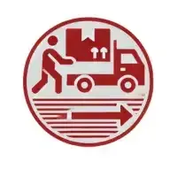 Ícono de círculo rojo y blanco de una persona cargando una caja en un camión; flecha hacia la derecha debajo.