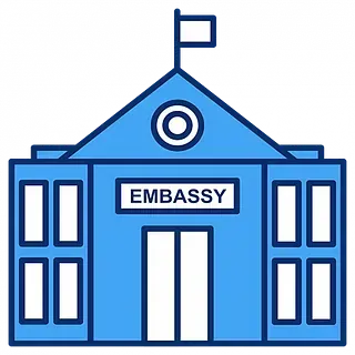 Un edificio de embajada azul con una bandera en la parte superior.