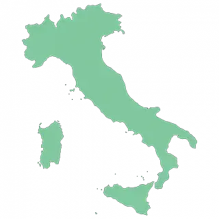 Un mapa verde de Italia sobre un fondo blanco.