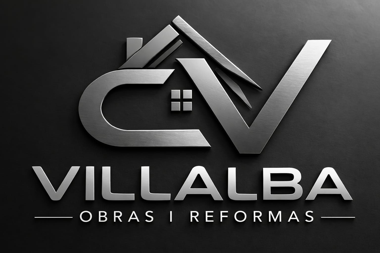Logotipo en tono plateado para "VILLALBA OBRAS I REFORMAS" con un icono en forma de casa que fusiona las letras C y V