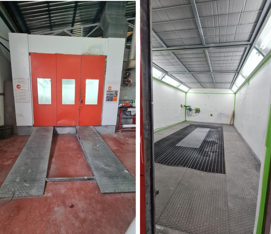 Vista dividida que muestra el exterior y el interior de una cabina de pintura para vehículos con suelo de rejilla metálica.