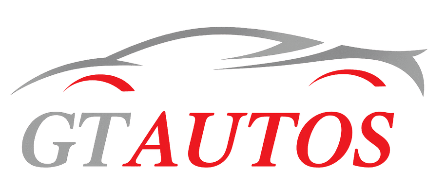 Logotipo que muestra la palabra "GTAUTOS" en texto gris y rojo debajo de la silueta estilizada de un autom&oacute;vil en color gris.
