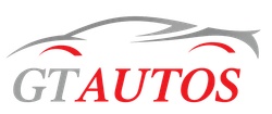 Logotipo que muestra la palabra "GTAUTOS" en texto gris y rojo debajo de la silueta estilizada de un autom&oacute;vil en color gris.
