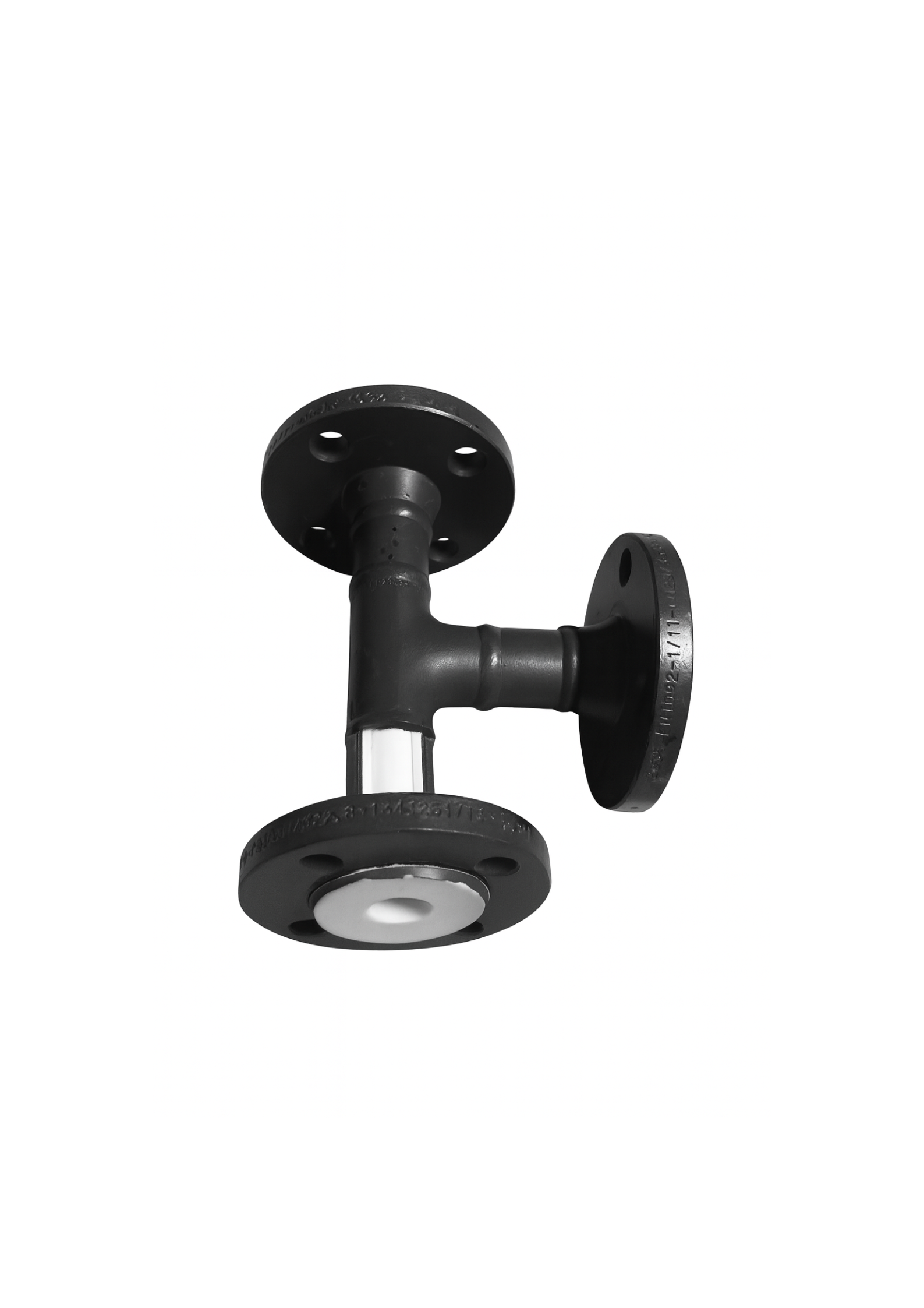 T é en coupe avec revêtement PTFE vierge, brides fixes.