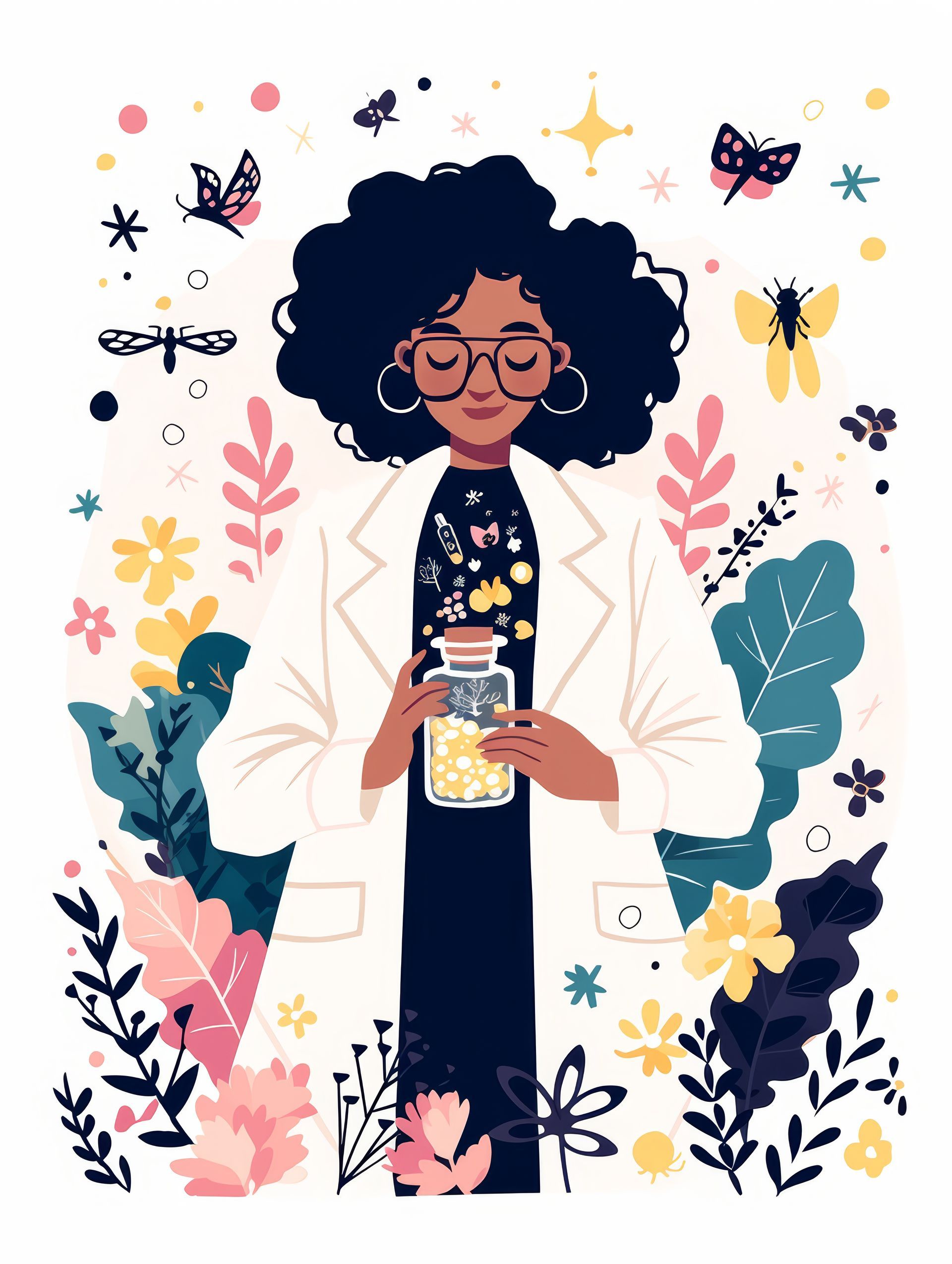 Una farmacista in camice tiene in mano un barattolo tra fiori e farfalle.