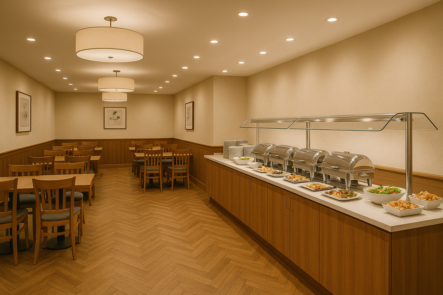 Une cafétéria avec buffet et sièges; les tons de bois brun dominent, offrant un espace chaleureux et fonctionnel.