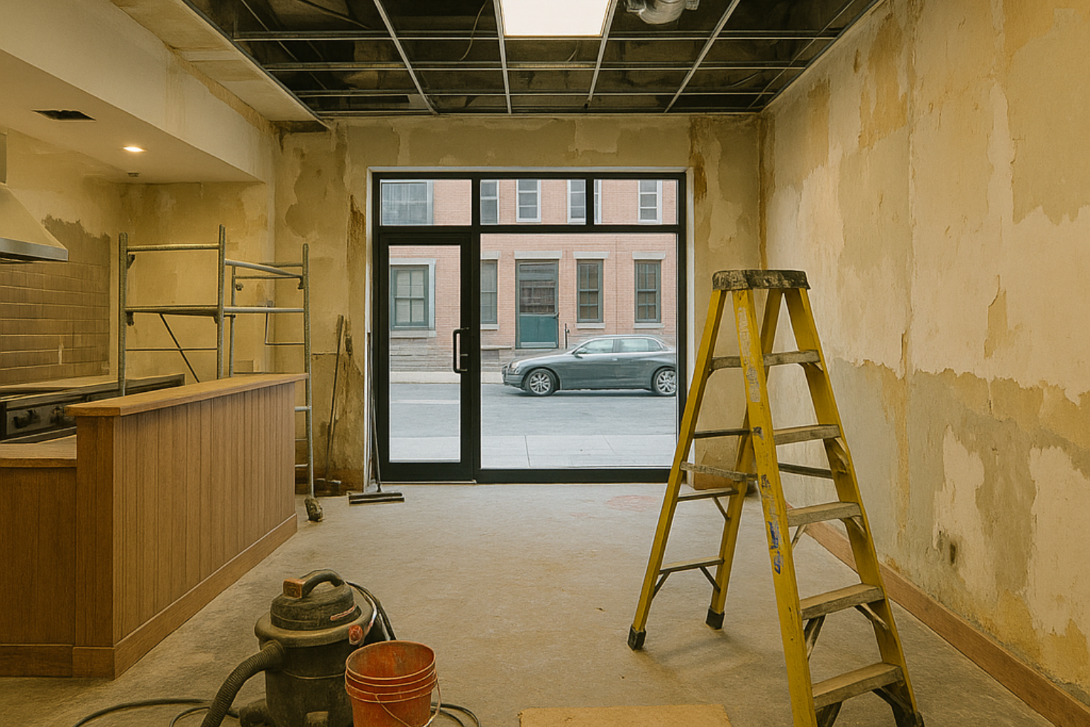 Intérieur d'un espace en rénovation avec une échelle, une fenêtre et des murs apparents.