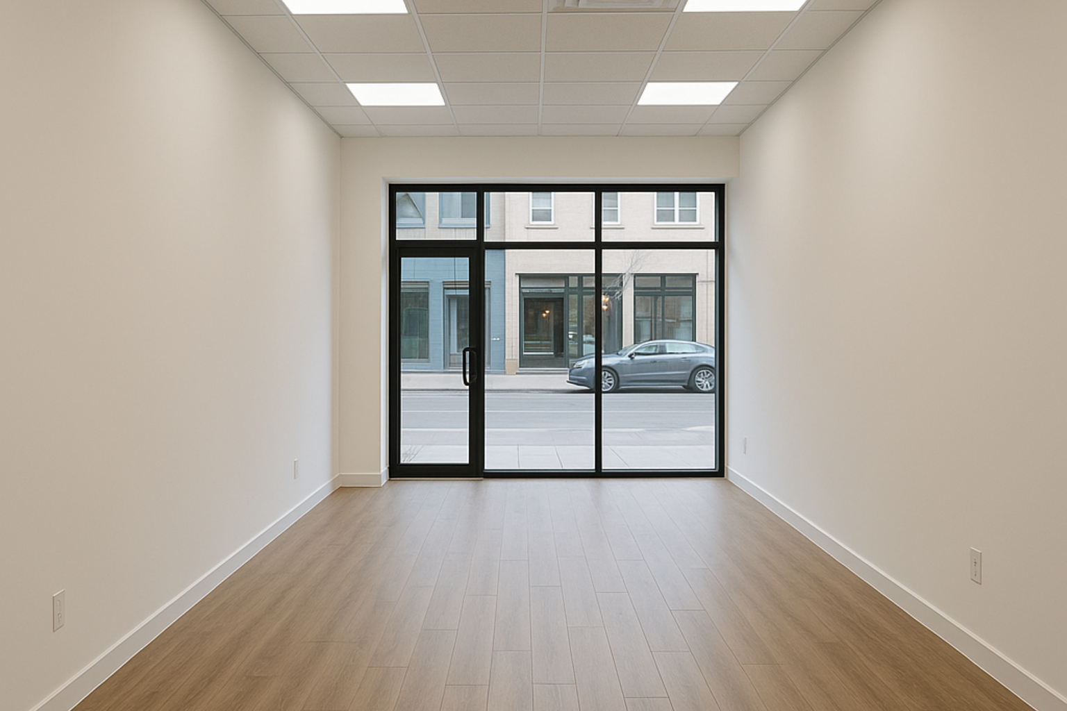 Espace commercial vide et rectangulaire avec une grande vitrine en verre, un sol beige et des murs blancs brillants.