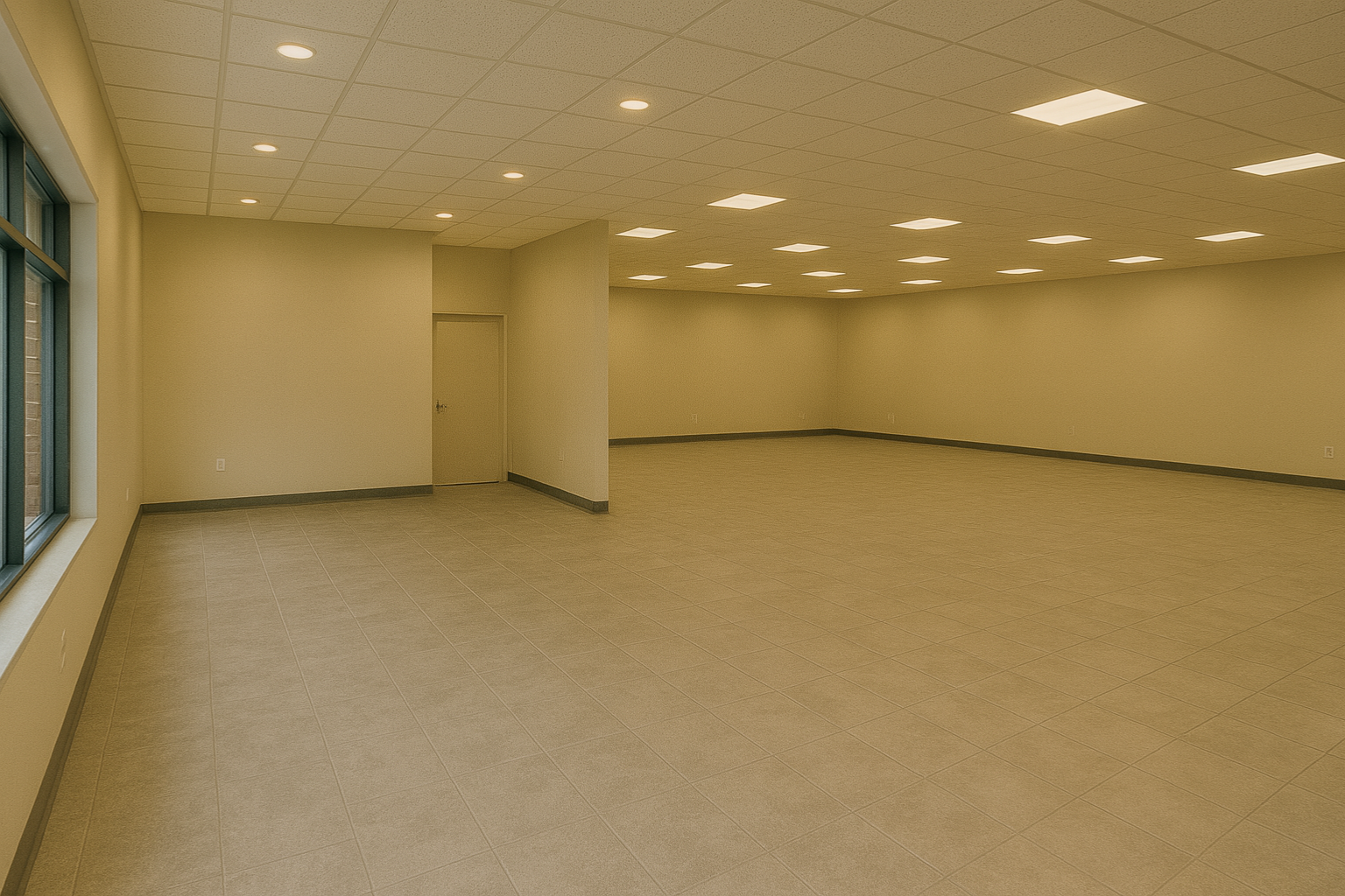 Chambre beige vide avec lumières fluorescentes et fenêtre.