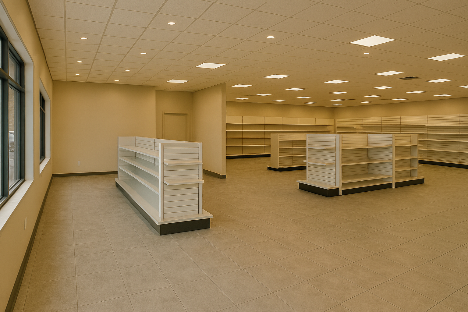 Magasin de détail beige vide avec étagères, fenêtres à gauche et éclairage fluorescent.
