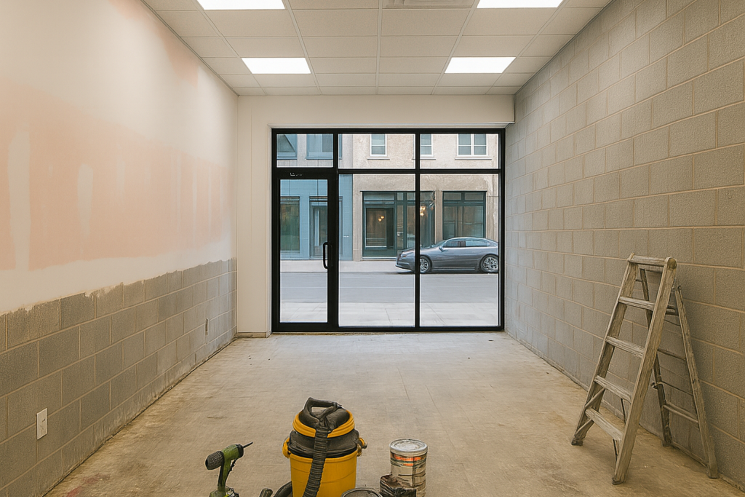 Pièce vide en construction avec fenêtre en façade, murs en parpaings apparents et outils.