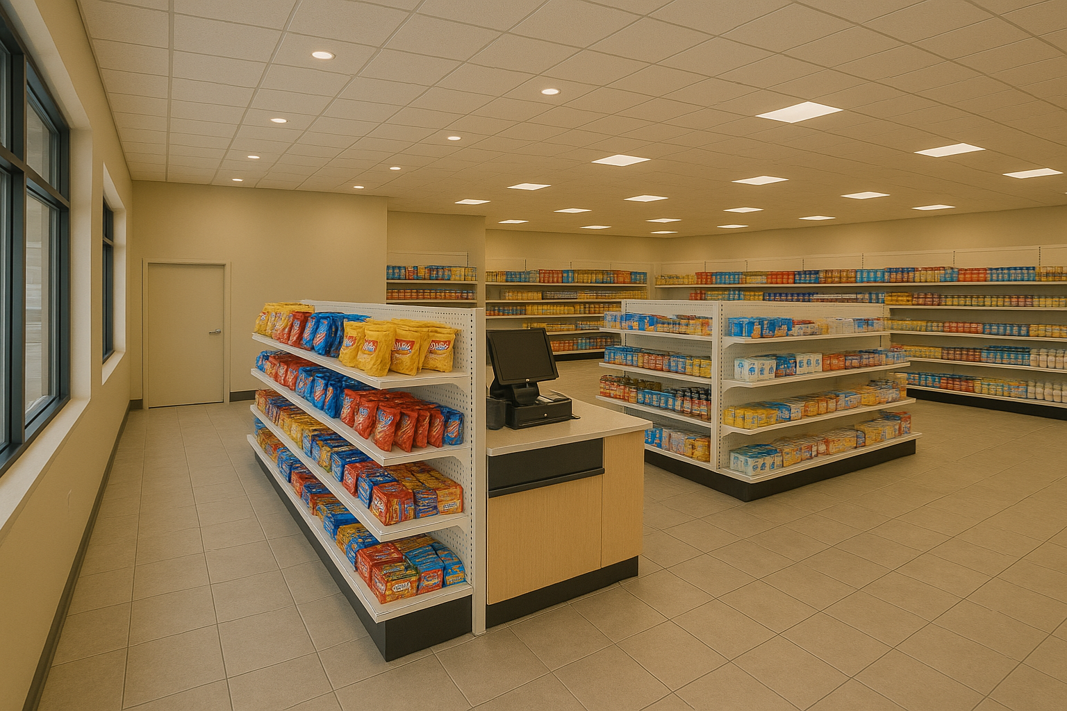 Intérieur d'un magasin bien éclairé avec des étagères de collations et d'autres articles ; une caisse se trouve au milieu.